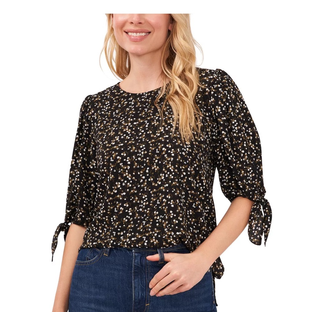 Cece - Floral-Print Elbow Tie-Sleeve Crew Neck Blouse